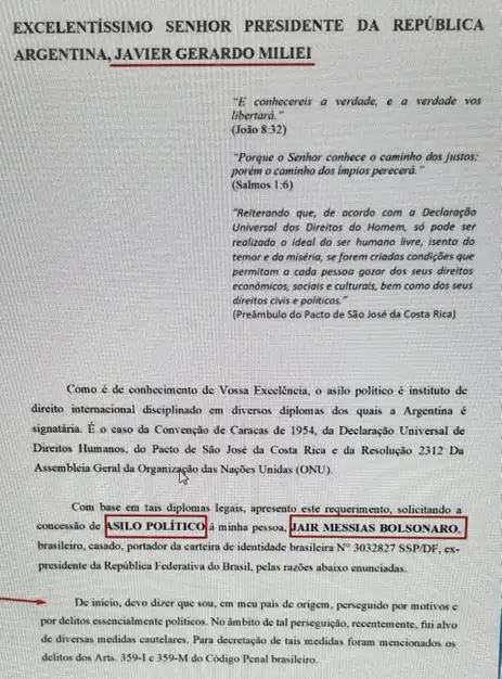 Documento mostra pedido de asilo de Bolsonaro a Milei
