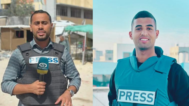 Gaza, 25/03/2025 - Jornalistas assassinados ontem por Israel. São eles o profissional da TV Al-Jazeera, o palestino Hossam Shabat, e o jornalista da TV Palestine Today, Mohammad Mansour. Foto: Sindicato dos Jornalistas da Palestina/Divulgação